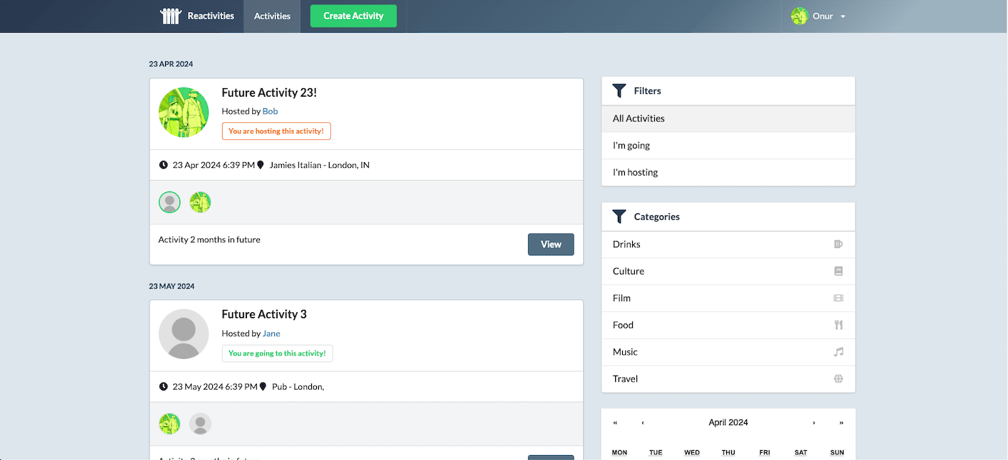 React Activities event explorer dashboard